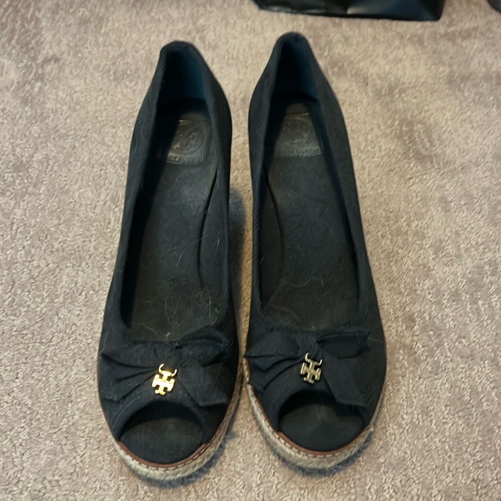 Tory Burch Black Canvas Wedges Size 9.5